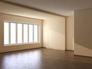 Empty Corner of the Room with Beige Walls, Large Window, Parquet and Brown Plinth with Work Path on Window. 3D Rendering, 7680x5760