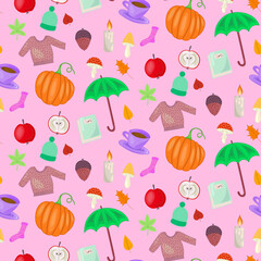 Hygge autumn cosy pattern, with nature, food and clothing motifs