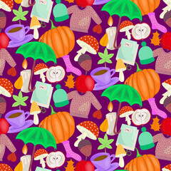 Obraz na płótnie Canvas Hygge autumn cosy pattern, with nature, food and clothing motifs