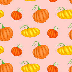 Seamless pattern with yellow and orange pumpkins
