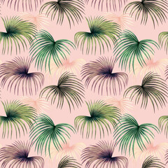 Fototapeta na wymiar Watercolor painting colorful palm leaves seamless pattern on pink background.Watercolor hand drawn illustration tropical exotic leaf prints for wallpaper,textile Hawaii aloha jungle pattern.