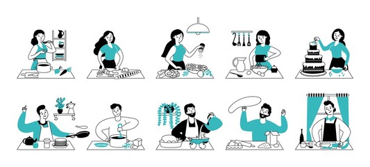 People cooking on kitchen. Woman preparing food, home cook service. Happy young chef person, man cutting and eat. Culinary decent vector set