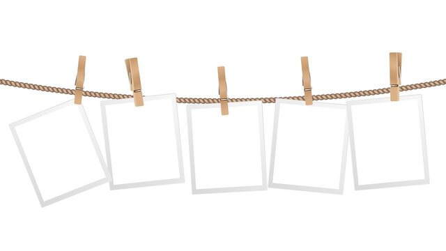 Realistic photo frames. Frame hanging on wooden clothespins on rope. Modern stylish decorative element for interior design, isolated scandinavian home accessory vector template