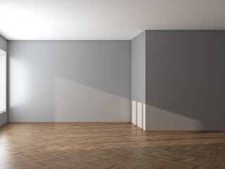 Empty Interior of the Room with Grey Walls, Parquet and a Brown Plinth. 3D Rendering, 7680x5760, 300 dpi