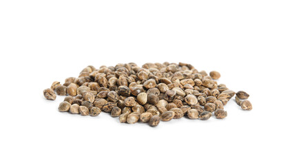 Pile of hemp seeds on white background