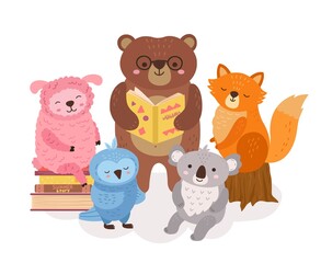 Cute animals reading. Wild animal read books, funny bear holding book. School study, library child characters. Literature exact vector concept