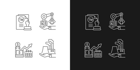Long term business investments linear icons set for dark and light mode. Machinery owning and plants ownership. Customizable thin line symbols. Isolated vector outline illustrations. Editable stroke