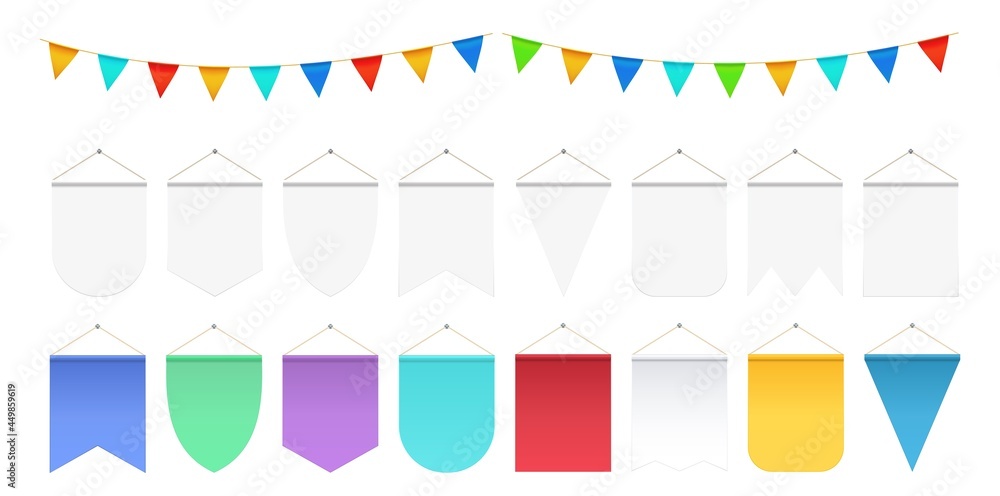 Wall mural realistic hanging flags. white pennant mockup, festival party flag banners. isolated anniversary or 