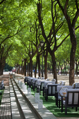 Outdoors restaurant terrace along public park