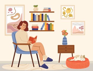 Woman reading book. Scandinavian interior, books read and relaxing. Cozy living room, girl sitting in chair and cat vector card