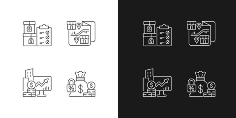 Company stocks and franchising linear icons set for dark and light mode. Finished goods. Financial relation. Customizable thin line symbols. Isolated vector outline illustrations. Editable stroke