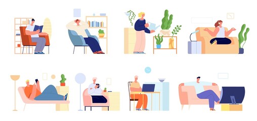 People home relax. Meditate work at house, person rest in room. Self care and positive time, man remote job. Human read, planting utter vector scenes