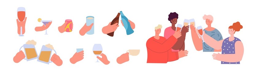 Obraz premium People holding drinks. Hands with drink, friends clinking glasses. Hand hold can or bottles, teens celebrate with beverage utter vector set