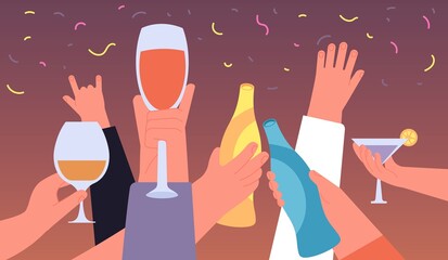 Hand with festive drinks. Holiday hands group holding wine glasses, happy drunk people celebrate. Diverse booze on birthday, new year utter vector banner