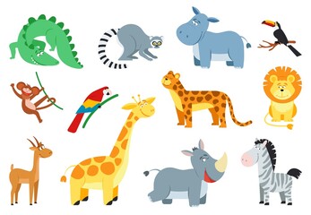 Cute jungle animal. Cartoon african animals, monkey zebra lion. Safari baby child zoo, savanna wildlife. Isolated flat exotic decent vector characters