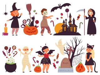 Halloween party elements. Scary holiday, celebration isolated stickers. Kids in costumes, sweet candy bat and black cat. Party decent vector decorations