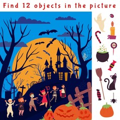 Find hidden objects. Halloween game location, fun children puzzle. Look play picture, education search brain teaser decent vector magic scene