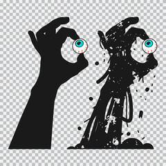 Zombie hands holding eyes vector black silhouettes set isolated on a transparent background.
