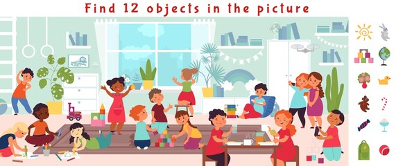 Find objects game. Puzzle play, visual kids brain teaser. Education, children playing together in school or kindergarten decent vector image
