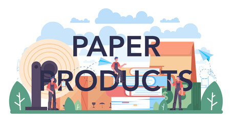 Paper products typographic header. Wood processing industry and paper