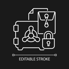 Trade secrets white linear icon for dark theme. Intellectual right. Security metal safe. Thin line customizable illustration. Isolated vector contour symbol for night mode. Editable stroke