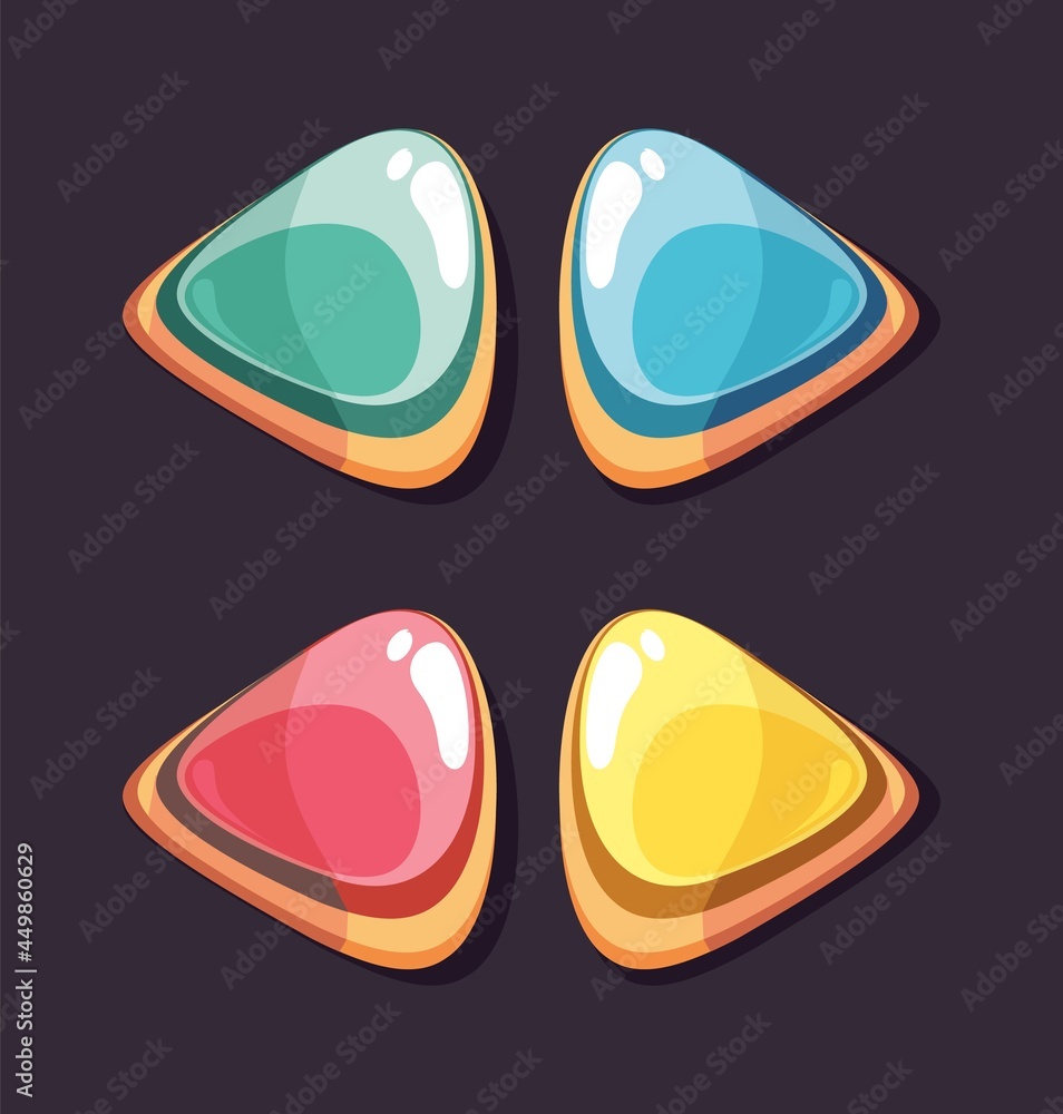 Poster gaming interface buttons. glossy button, right or left, back and forth arrows set. cartoon elements 
