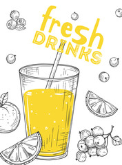 Fresh fruit juice. Sketch drink glass, lemon slices and berries. Vegan bar, vitamin smoothie vector card