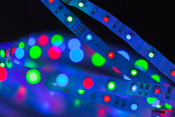 Colorful LED strip lights, close up photo