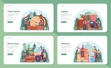 Timber industry and wood production web banner or landing page set. Logging