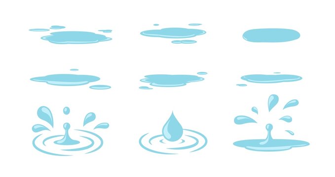 Puddle and drops. Water drops, isolated puddles cartoon elements. Autumn spring weather set, tears or rain vector set
