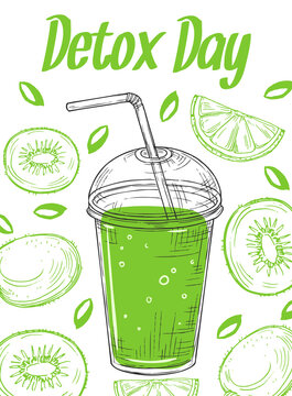 Sketch detox poster. Smoothie glass, take away green juice. Fresh fruits vitamin cocktail, fitness drink vector banner