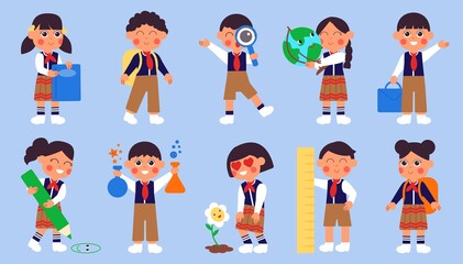 Fototapeta premium Children go to school. Kawaii cartoon students, cute kids preschool. Education characters, boy girl with book wear college uniform decent vector set