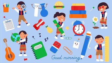 School time. Students and stationery, cute kawaii pupils in uniform. Cartoon preschool kids, educational lessons and elements decent vector set