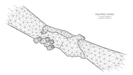 Helping hand low poly art. Polygonal illustration of human hands holding each other.