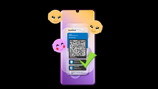 Handy mit den 3Gs (geimpft, getestet, genesen), einem digitalen Impfpass und niedliche Emoticons.