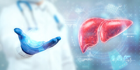 The doctor looks at the Liver hologram, checks the test result on the virtual interface, and...