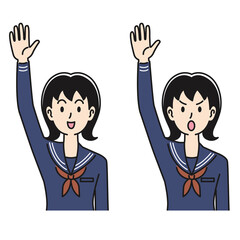 手を挙げる女子高生の表情のパターン