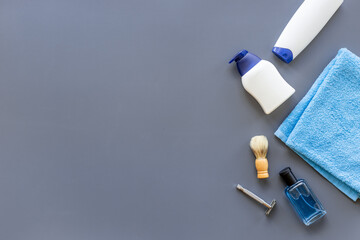 Flat lay of male cosmetic products for men body care grooming and shaving