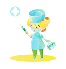 Cute blonde woman doctor with syringe and box