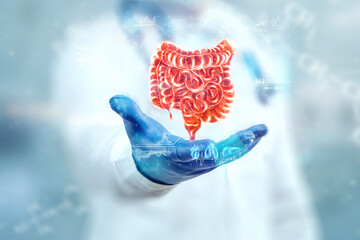 The doctor looks at the hologram of the intestine, checks the test result on the virtual interface...