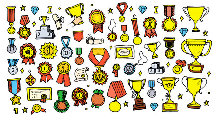Obraz premium vector set of medals and orders with cups color. a collection of hand-drawn doodles in the style of gold medals for first place and gold cups, for winning a black outline on a white background for a d