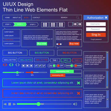 Vector UI UX kit for mobile applications and web sites. Universal user interface template with responsive design, tools and buttons. Flat menu icons and control elements on color blue background.