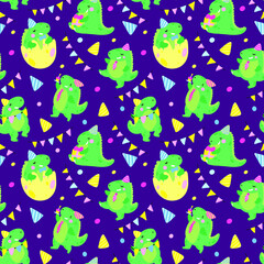 The pattern with festive dinosaurs is perfect as a gift wrapping for any occasion: birthday, family celebration. Also, the pattern can be used as a cover for a postcard, a children's tablecloth