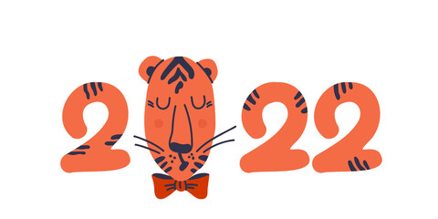 Cute blue tiger and lettering New Year 2022. Symbol of Chinese New Year. Hand drawn illustration for design. Isolated on a white background. EPS 10