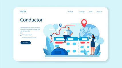 Train conductor web banner or landing page. Railway worker in uniform