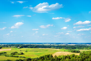 Summer landscape of green forest with bright blue sky,white clouds.Spring cloudscape.Composition of nature.
