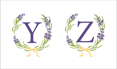 Y Z letter. Set modern hand-drawn flat sketch illustrations. Lavender flower wreath with alphabet monogram. good idea for wedding decor. Vintage vector typographic emblem, logo, label design.