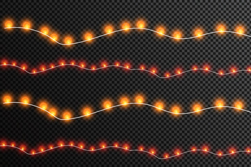 Glowing Christmas lights isolated realistic design elements. Garlands, Christmas decorations.