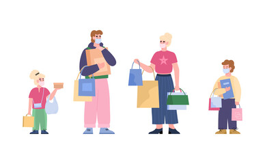 Fototapeta premium Father, mother and children with shopping bags, vector illustration isolated.