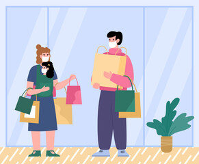 Family shopping in pandemic. Safety and precautions, flat vector illustration.